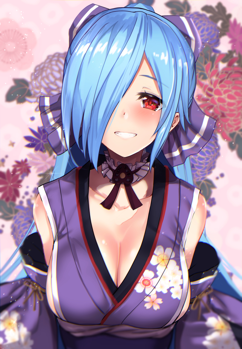 .live 1girl blue_hair blush bow breasts detached_sleeves eyebrows_visible_through_hair frills hair_bow hair_over_one_eye high_ponytail japanese_clothes kimono long_hair long_sleeves looking_at_viewer obi parted_lips ponytail purple_bow purple_kimono red_eyes sash smile solo tareme untsue very_long_hair virtual_youtuber yamato_iori