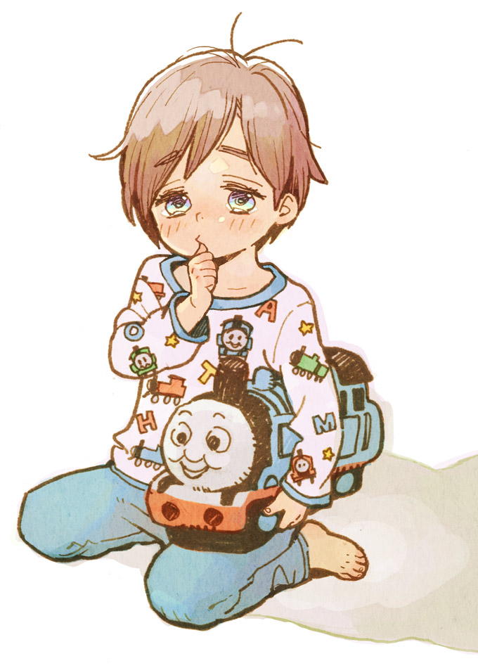 1boy barefoot blue_eyes blush brown_hair character_doll commentary eyebrows_visible_through_hair feet full_body k-san light_brown_hair looking_at_viewer male_focus original pajamas pillow simple_background solo thomas_the_tank_engine thomas_the_tank_engine_(character) white_background