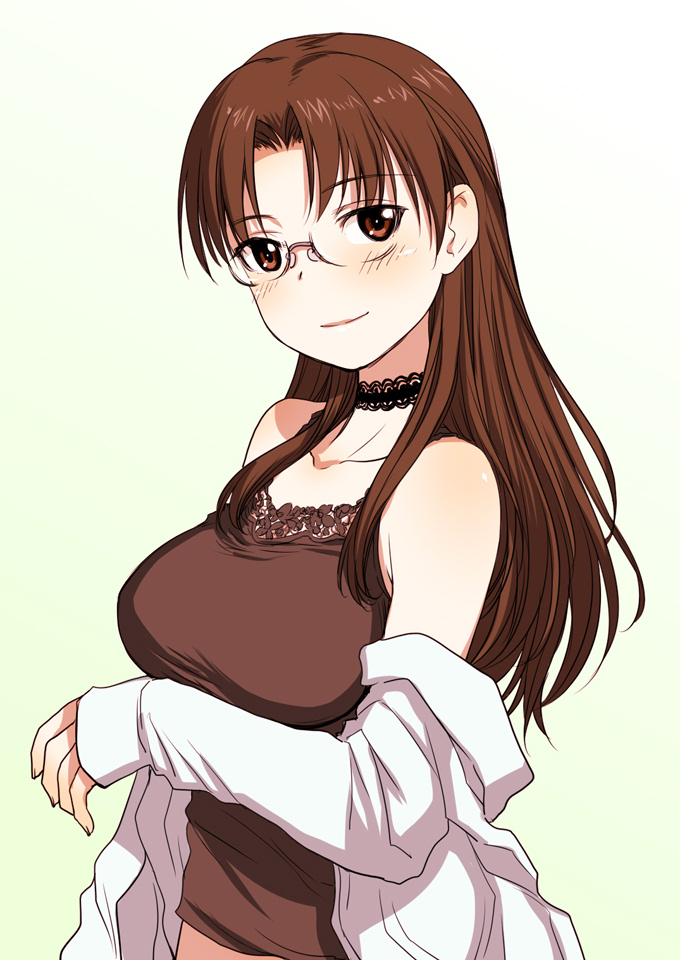 1girl bangs black_choker black_shirt braid breast_hold breasts brown_eyes brown_hair camisole choker closed_mouth commentary eyebrows_visible_through_hair glasses green_background hoshina_tomoko lace lace-trimmed_choker lace-trimmed_shirt lace_trim long_hair long_sleeves looking_at_viewer medium_breasts off_shoulder parted_bangs sakaki_imasato shirt single_braid smile solo to_heart upper_body white_shirt