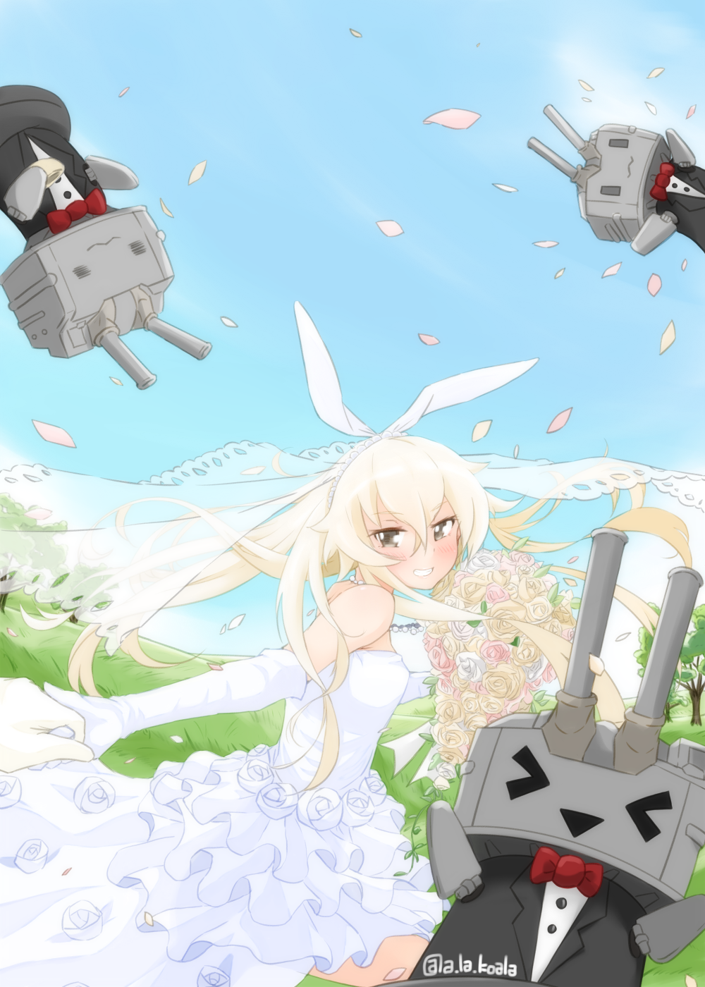 1girl alakoala bare_shoulders blonde_hair bouquet breasts bridal_veil brown_eyes dress flower grin highres holding_hands kantai_collection long_hair pov rensouhou-chan shimakaze_(kantai_collection) small_breasts smile veil wedding_dress