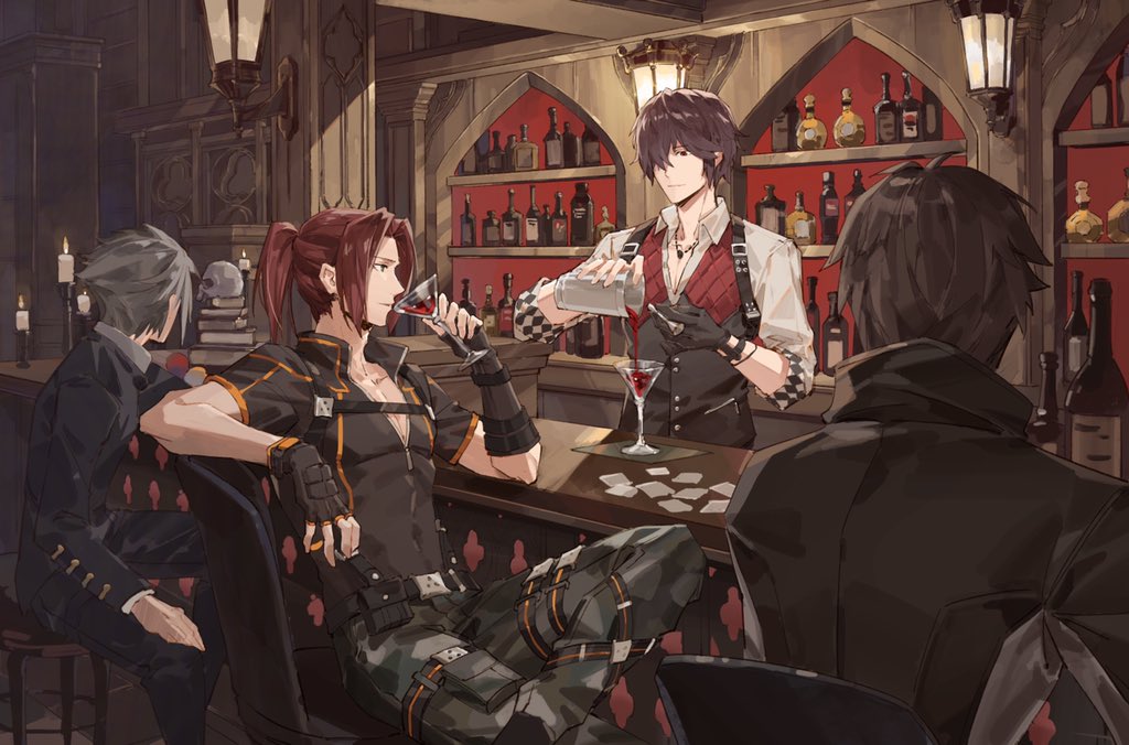 4boys ambiguous_red_liquid bar bartender belt black_gloves book book_stack bottle bracelet brown_hair camouflage candelabra candle chair checkered closed_mouth code_vein cup drinking drinking_glass fingerless_gloves fire formal glass gloves grey_hair hair_over_one_eye holding holding_cup indoors jewelry lantern loladestiny looking_at_another louis_(code_vein) male_focus medium_hair multiple_boys necklace parted_lips ponytail pouch pouring protagonist_(code_vein) red_eyes redhead sitting skull sleeves_rolled_up smile standing suit table wine_glass yakumo_(code_vein) zipper zipper_pull_tab