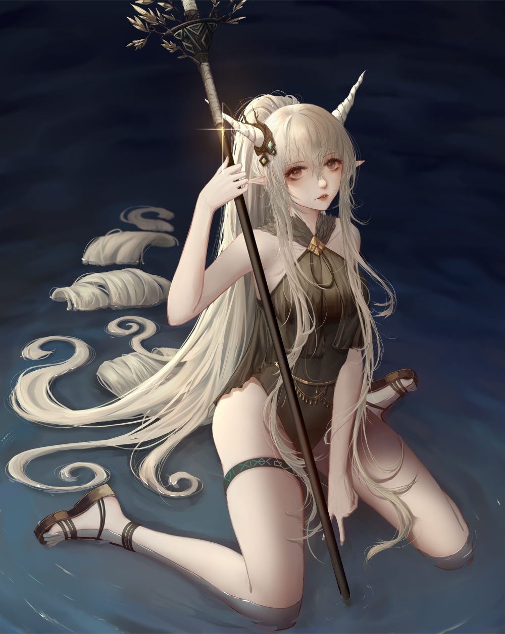 1girl absurdly_long_hair arknights bangs bare_arms bare_legs bare_shoulders black_footwear black_leotard breasts brown_eyes chinese_commentary commentary_request eyebrows_visible_through_hair glint hair_between_eyes halterneck hand_up highres holding holding_staff horns leotard long_hair long_ponytail looking_at_viewer medium_breasts parted_lips pointy_ears sandals shining_(arknights) silver_hair sitting solo staff thigh_strap thighs very_long_hair wariza water zhi_wozi