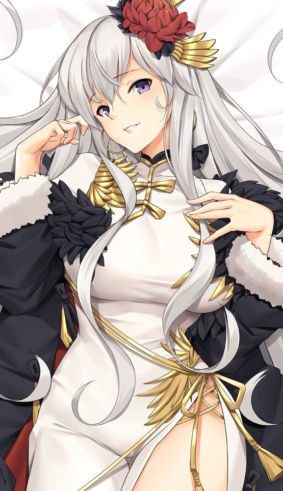 1girl azur_lane bangs black_coat blush breasts china_dress chinese_clothes coat dakimakura dress earrings enterprise_(azur_lane) enterprise_(blooming_peony)_(azur_lane) feather-trimmed_coat feather_trim flower hair_flower hair_ornament hoop_earrings jewelry large_breasts long_hair looking_at_viewer parted_lips silver_hair smile solo tony_guisado very_long_hair violet_eyes white_dress