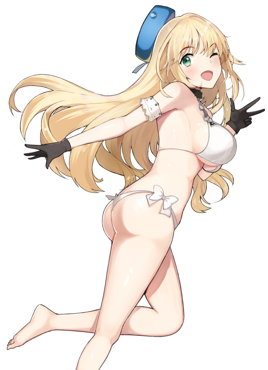 1girl alternate_costume armband ass atago_(kantai_collection) bangs bare_legs bare_shoulders barefoot beret bikini black_gloves blonde_hair blue_headwear blush bow breasts commentary_request eyebrows_visible_through_hair from_side gloves green_eyes hareno_chiame hat highres kantai_collection large_breasts long_hair looking_at_viewer one_eye_closed open_mouth sideboob simple_background smile solo string_bikini swimsuit white_background