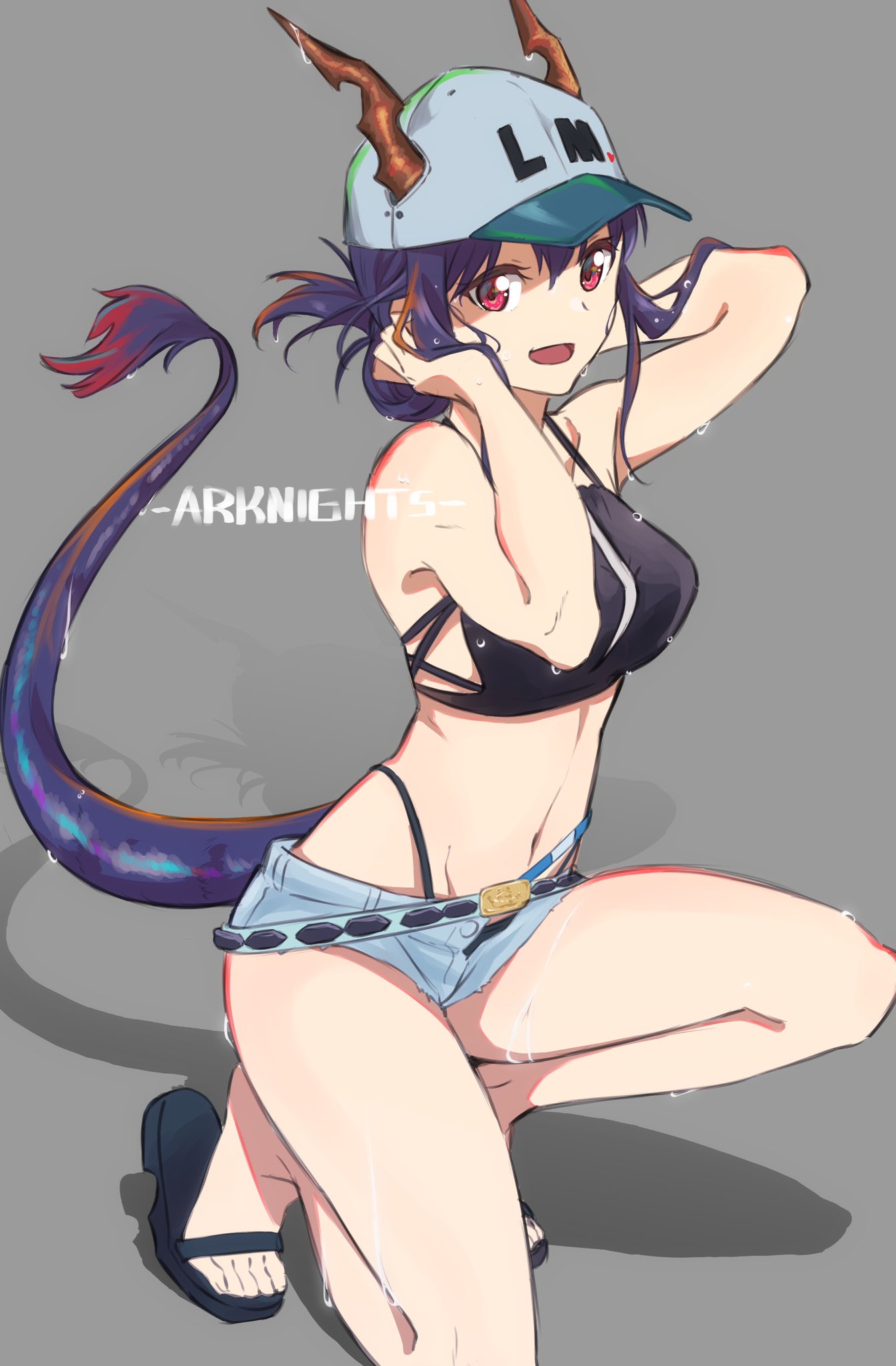 1girl arknights baseball_cap ch'en_(arknights) dragon_horns dragon_tail hat highres horns kengo kneeling midriff purple_hair red_eyes short_shorts shorts simple_background solo tail
