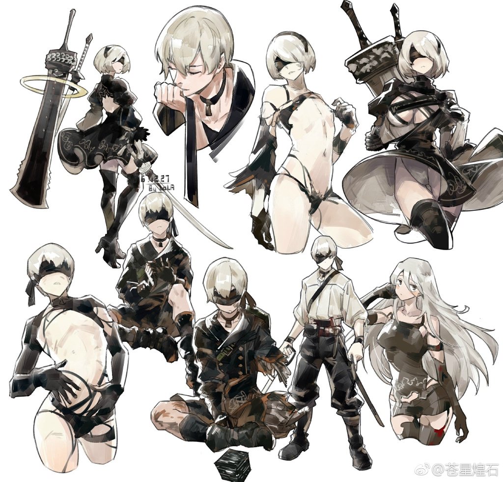 1girl 2boys alternate_costume arm_up back black_blindfold black_choker black_gloves black_hair blindfold blood blush boots choker closed_eyes closed_mouth elbow_gloves floating floating_weapon gloves grey_eyes hair_between_eyes hairband high_heels holding holding_sword holding_weapon injury katana leotard loladestiny long_hair looking_back multiple_boys navel nier_(series) open_eyes parted_lips puffy_sleeves short_hair simple_background sitting smelling standing sword thigh-highs torn_clothes weapon white_background white_hair white_leotard wire yorha_no._2_type_b yorha_no._9_type_s yorha_type_a_no._2