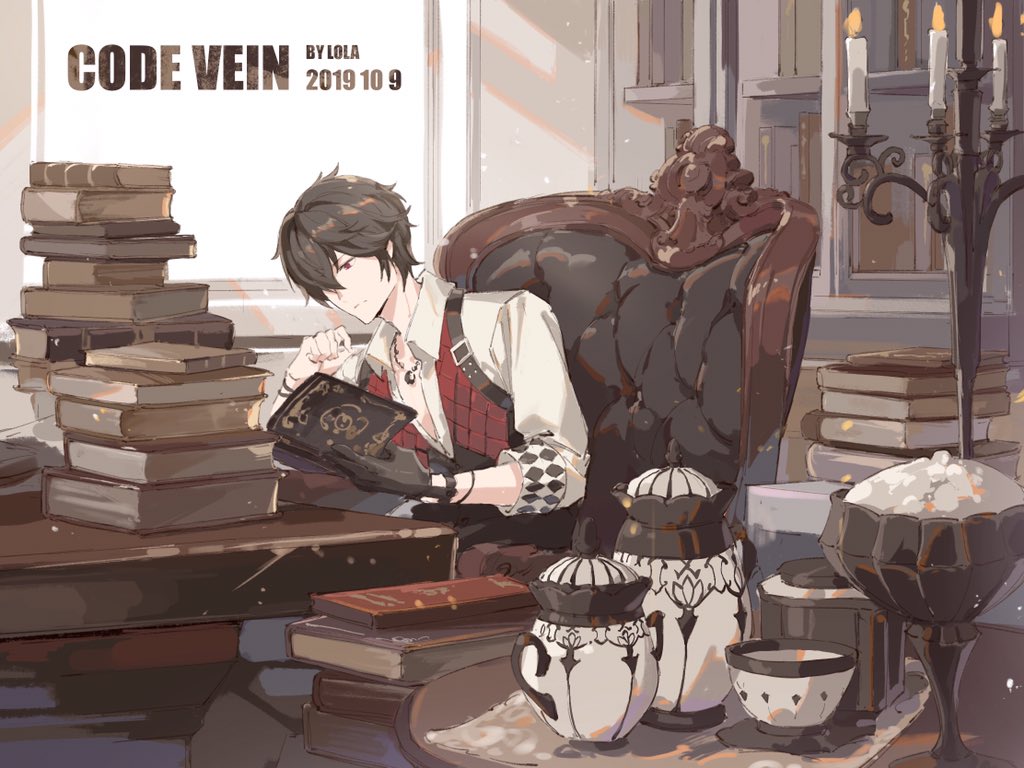 1boy black_gloves black_hair book book_stack bookshelf bracelet candelabra candle chair checkered closed_mouth code_vein cup dated gloves hair_over_one_eye holding holding_book indoors jewelry loladestiny louis_(code_vein) male_focus necklace open_book reading red_eyes sitting sleeves_rolled_up solo table