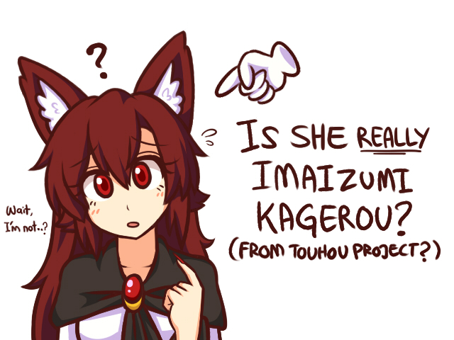 1girl ? animal_ear_fluff animal_ears brooch character_name copyright_name english_text fingernails flying_sweatdrops head_tilt how_to imaizumi_kagerou jewelry long_hair parted_lips pointing pointing_at_self red_eyes red_nails redhead simple_background solo touhou white_background wolf_ears wool_(miwol)