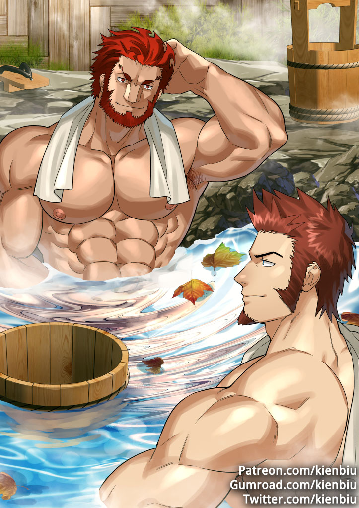 2boys abs armpits bara barrel beard blue_eyes brown_hair chest collarbone couple facial_hair fate/grand_order fate/zero fate_(series) hand_in_hair kienbiu leaf looking_at_another male_focus multiple_boys muscle napoleon_bonaparte_(fate/grand_order) nipples onsen partially_submerged pectorals red_eyes redhead rider_(fate/zero) sitting smile steam towel towel_around_neck water watermark web_address wet