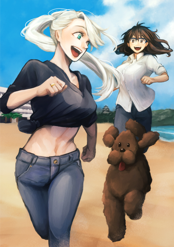 2girls :d beach black_hair blue-framed_eyewear blue_eyes blue_sky brown_eyes clouds collared_shirt denim dog genderswap genderswap_(mtf) glasses jeans jewelry katsuki_yuuri makkachin midriff mikatsuki_rinko multiple_girls open_mouth pants ponytail ring running shirt silver_hair sky smile viktor_nikiforov water yuri!!!_on_ice