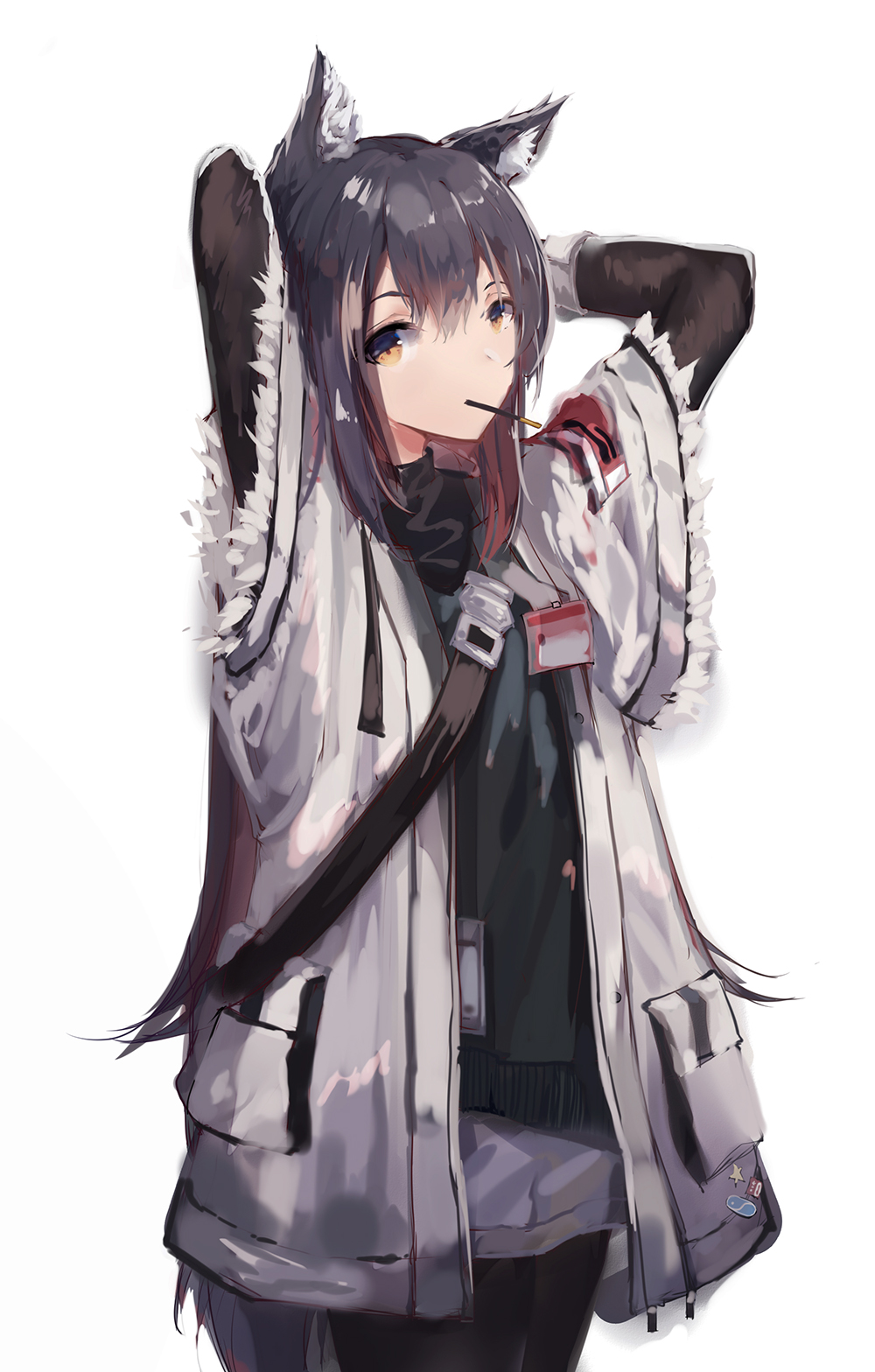 1girl animal_ears arknights arms_up black_hair black_legwear black_shirt breasts cowboy_shot cuy7 food fur-trimmed_jacket fur_trim highres jacket legwear_under_shorts long_hair looking_at_viewer mouth_hold name_tag orange_eyes pantyhose pocky shirt short_shorts shorts shoulder_strap simple_background small_breasts solo straight_hair tail texas_(arknights) turtleneck white_background white_jacket white_shorts wolf_ears wolf_tail