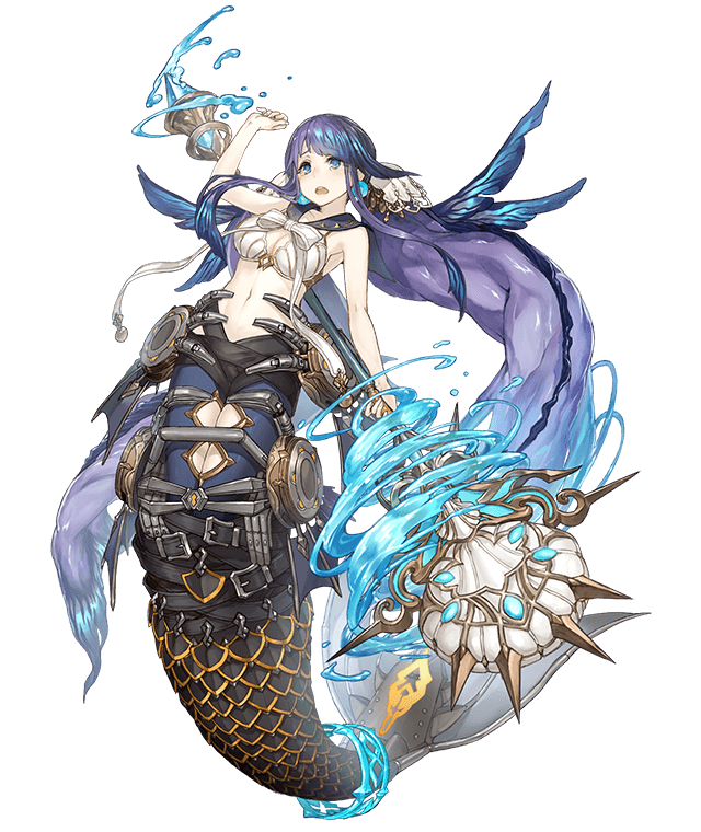 1girl aqua_eyes belt breasts earrings eyebrows_visible_through_hair fins full_body jewelry ji_no large_breasts long_hair looking_at_viewer mermaid_costume ningyo_hime_(sinoalice) official_art purple_hair sailor_collar scales sinoalice solo staff transparent_background upper_teeth very_long_hair water