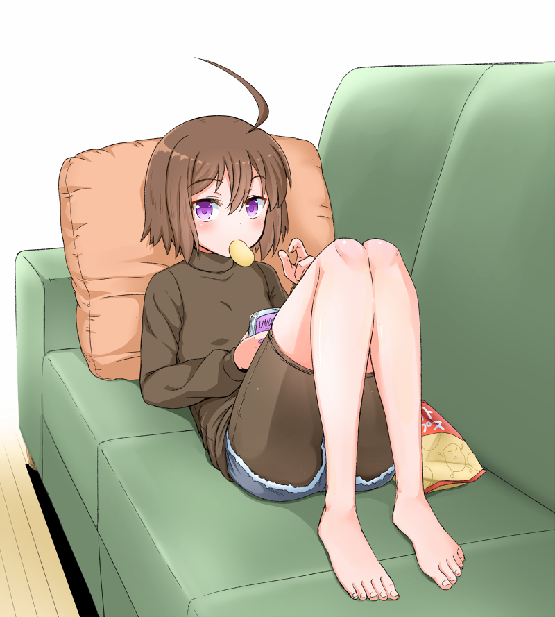 1girl ahoge barefoot bike_shorts black_sweater blush book brown_hair casual chips couch denim denim_shorts feet flat_chest food food_in_mouth full_body huge_ahoge linne looking_at_viewer on_couch open_book pillow ponkotsu potato_chips reading shorts shorts_under_shorts solo sweater toes turtleneck turtleneck_sweater under_night_in-birth violet_eyes