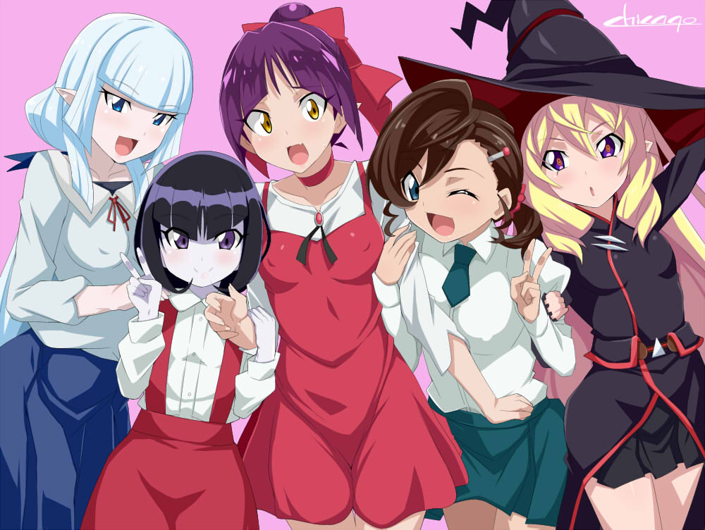5girls :d ;d agnes_(gegege_no_kitarou_6) arm_hug bangs black_hair blonde_hair blue_eyes blue_ribbon blue_skirt blunt_bangs bow breasts brown_hair character_request chicago-x choker collarbone commentary_request covered_nipples cowboy_shot dress dress_shirt eyebrows_visible_through_hair fang flat_chest gegege_no_kitarou hair_between_eyes hair_bow hair_ornament hair_ribbon hair_scrunchie hairclip hanako-san_(gegege_no_kitarou) hat inuyama_mana juliet_sleeves long_sleeves looking_at_viewer low_ponytail medium_breasts mini_necktie multiple_girls nekomusume nekomusume_(gegege_no_kitarou_6) one_eye_closed open_mouth pale_skin pinafore_dress pink_background pointy_ears ponytail puffy_sleeves purple_hair red_bow red_choker red_dress red_scrunchie red_skirt ribbon scrunchie shirt short_hair signature simple_background skin_fang skirt small_breasts smile suspender_skirt suspenders v violet_eyes white_hair white_shirt witch_hat yellow_eyes