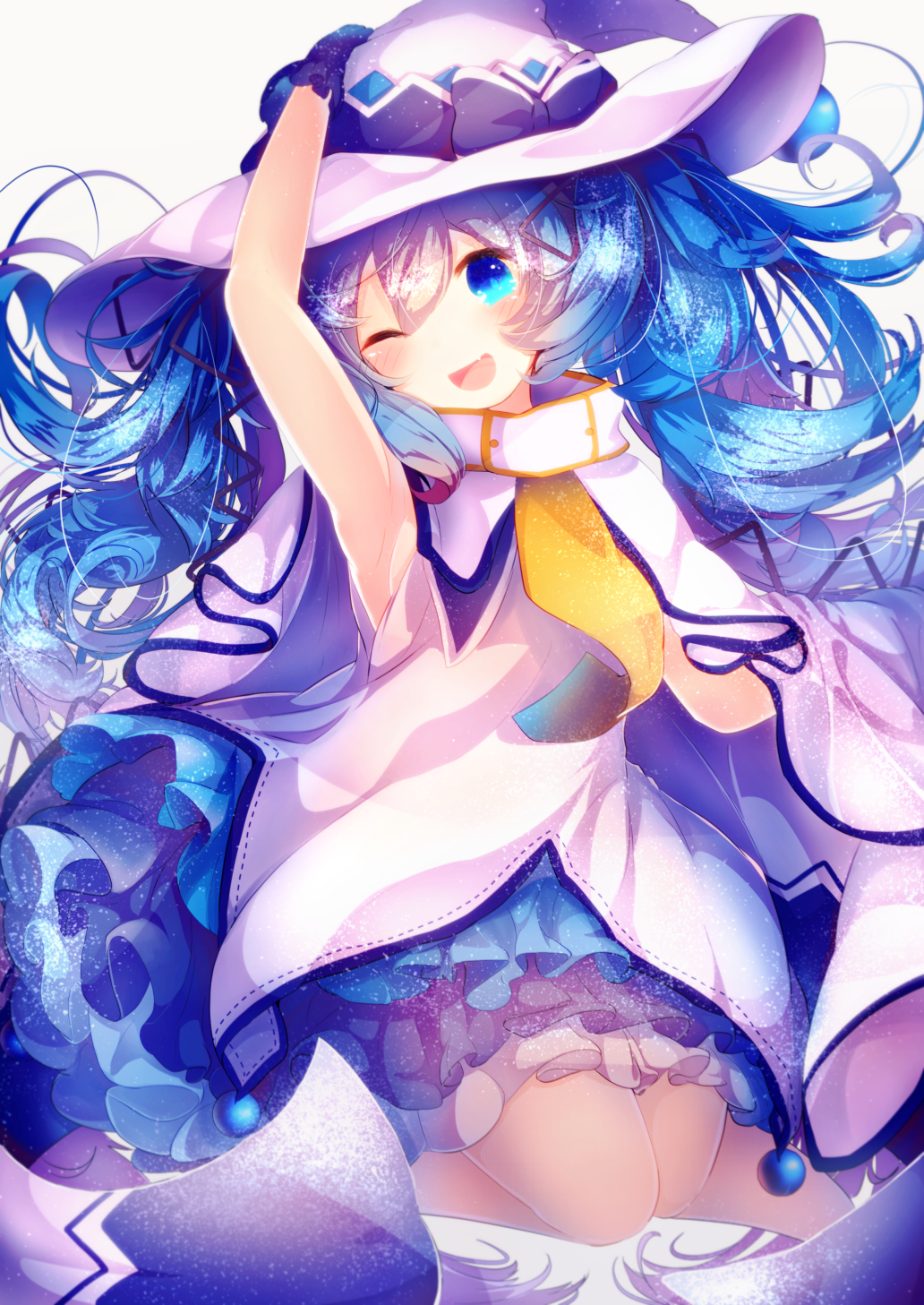 1girl armpits bare_shoulders blue_eyes blue_hair bow cloak commentary dress fang frilled_dress frills fuyuzuki_gato gloves hand_on_headwear hat hat_bow hatsune_miku highres large_hat legs_up long_hair looking_at_viewer necktie one_eye_closed open_mouth purple_gloves shirt skin_fang sleeveless sleeveless_shirt smile solo twintails very_long_hair vocaloid white_background white_cloak white_dress white_headwear witch_hat yellow_neckwear yuki_miku yuki_miku_(2014)