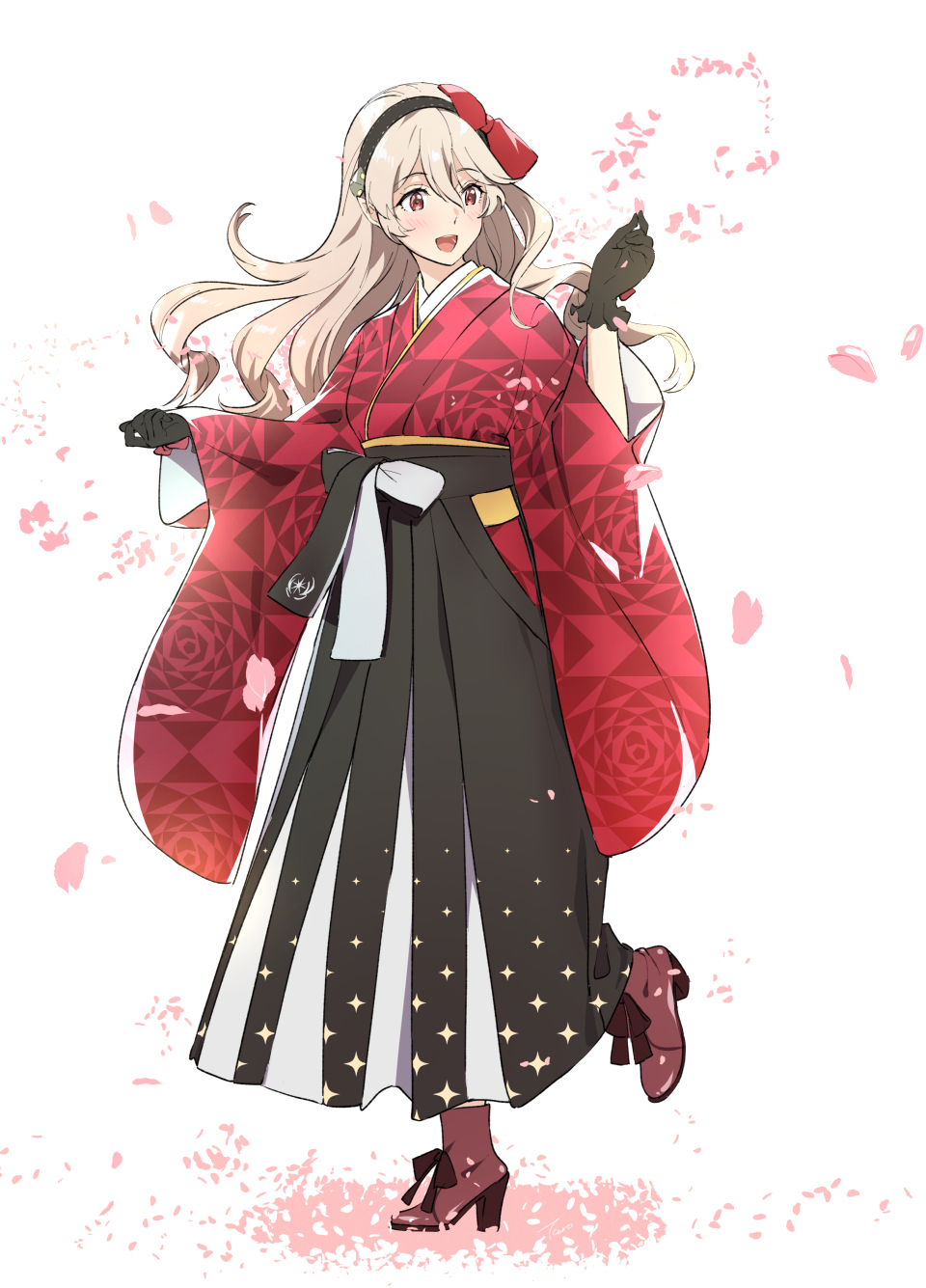 1girl :d alternate_costume ankle_boots black_gloves black_hairband black_hakama boots corrin_(fire_emblem) corrin_(fire_emblem)_(female) fire_emblem fire_emblem_fates full_body gloves hairband hakama high_heel_boots high_heels highres japanese_clothes long_hair long_sleeves misu_kasumi open_mouth petals pointy_ears red_eyes simple_background smile solo white_background white_hair wide_sleeves