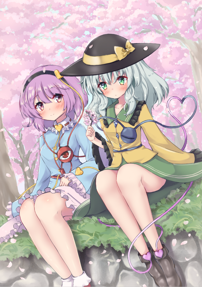 2girls ankle_boots ankle_socks aqua_hair arm_up black_footwear black_headwear blue_shirt blush boots cherry_blossoms commentary_request day expressionless eyebrows_visible_through_hair frilled_sleeves frills grass green_eyes green_skirt hair_between_eyes hair_ornament hairband hanami hat heart heart_hair_ornament high_collar holding komeiji_koishi komeiji_satori legs_together long_sleeves looking_at_viewer multiple_girls on_grass onomiya outdoors partial_commentary petticoat pink_skirt purple_hair shirt short_hair siblings sisters sitting skirt smile stone_wall third_eye touhou tree twig violet_eyes wall white_legwear wide_sleeves yellow_shirt