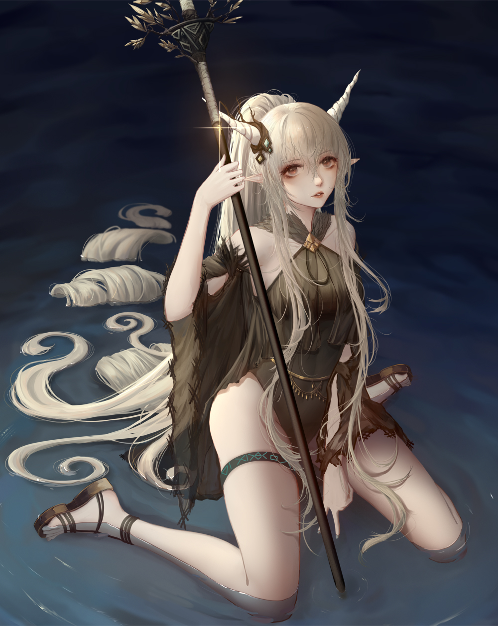 1girl absurdly_long_hair arknights bangs bare_legs bare_shoulders black_footwear black_leotard breasts brown_eyes chinese_commentary commentary_request detached_sleeves eyebrows_visible_through_hair glint hair_between_eyes halterneck hand_up highres holding holding_staff horns leotard long_hair long_ponytail looking_at_viewer medium_breasts parted_lips pointy_ears sandals shining_(arknights) silver_hair sitting solo staff thigh_strap thighs very_long_hair wariza water zhi_wozi