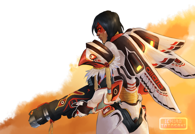 1girl alternate_costume alternate_hairstyle andrea_salonga artist_name black_hair braid facepaint from_behind gun holding holding_gun holding_weapon jetpack lips looking_back low_twintails mechanical_wings native_american overwatch pauldrons pharah_(overwatch) power_armor rocket_launcher solo thunderbird_pharah twin_braids twintails weapon wings