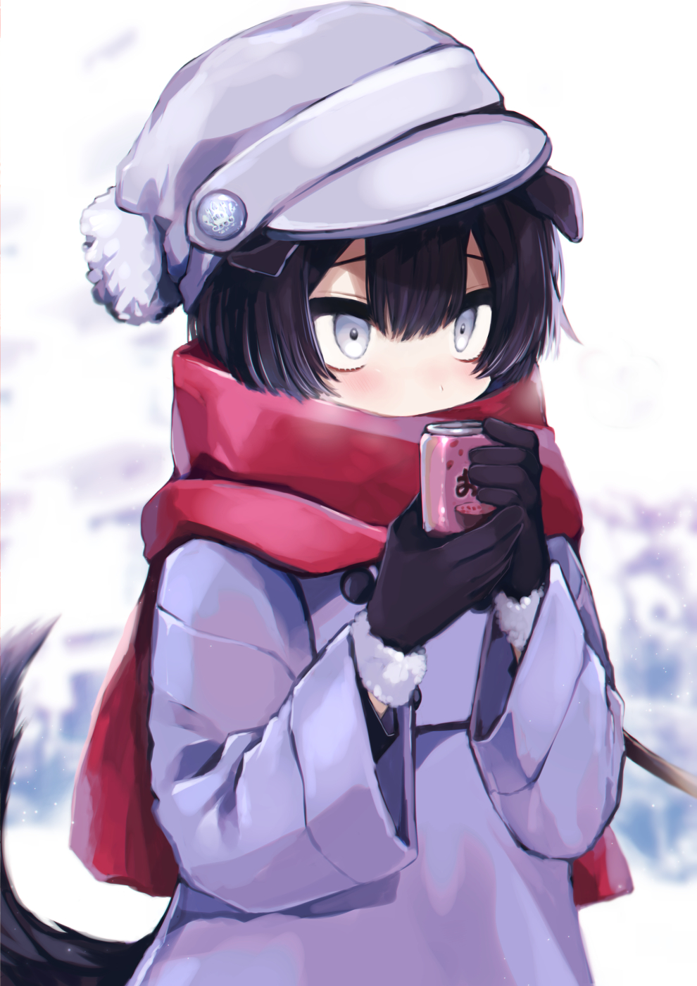 1boy animal_ears blue_eyes blush can coat dog_boy dog_ears gloves hat highres leash male_focus original petit_(shinoyasumicco) scarf scarf_over_mouth shinoyasumicco solo winter