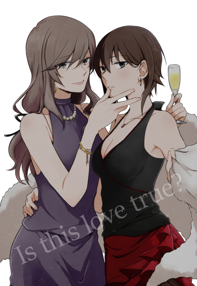 2girls age_difference arm_around_shoulder arm_around_waist bangs black_shirt bracelet breasts brown_eyes brown_hair champagne_flute closed_mouth commentary cup dress drinking_glass earrings english_text eyebrows_visible_through_hair formal girls_und_panzer half-closed_eyes halterneck hand_on_another's_face holding holding_cup jewelry lips long_hair looking_at_viewer mature medium_breasts multiple_girls necklace nishizumi_maho pearl_necklace purple_dress red_skirt shawl shimada_chiyo shirt short_hair simple_background skirt sleeves smile standing white_background yuri yuuhi_(arcadia)