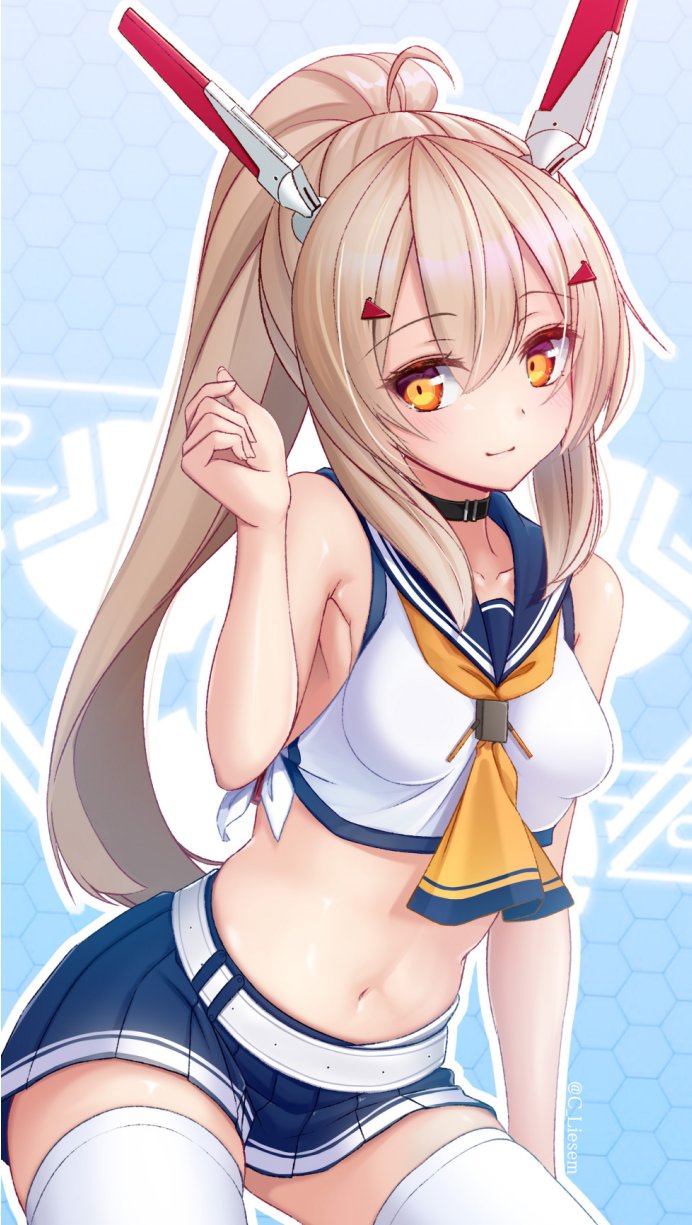 1girl armpits ascot ayanami_(azur_lane) azur_lane bare_arms bare_shoulders belt blue_skirt breasts brown_hair choker collarbone commentary_request crop_top hair_ornament hand_up headgear highres long_hair looking_at_viewer medium_breasts midriff miniskirt navel orange_eyes pleated_skirt ponytail retrofit_(azur_lane) risemu_(c_liesem) sailor_collar school_uniform serafuku shirt skirt sleeveless sleeveless_shirt smile solo stomach thigh-highs very_long_hair white_legwear white_shirt zettai_ryouiki