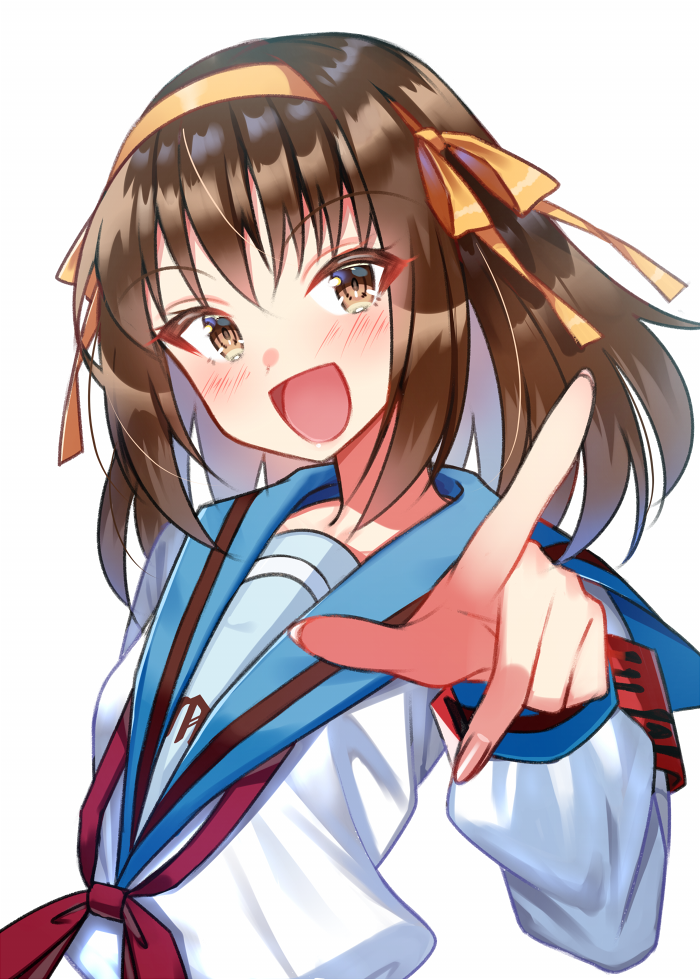 1girl :d armband bangs blue_sailor_collar blush bow brown_bow brown_eyes brown_hair brown_hairband commentary_request eyebrows_visible_through_hair hair_between_eyes hair_bow hairband kita_high_school_uniform long_hair long_sleeves looking_at_viewer minatoasu neckerchief open_mouth pointing pointing_at_viewer red_neckwear sailor_collar school_uniform shirt simple_background smile solo suzumiya_haruhi suzumiya_haruhi_no_yuuutsu upper_body v-shaped_eyebrows white_background white_shirt