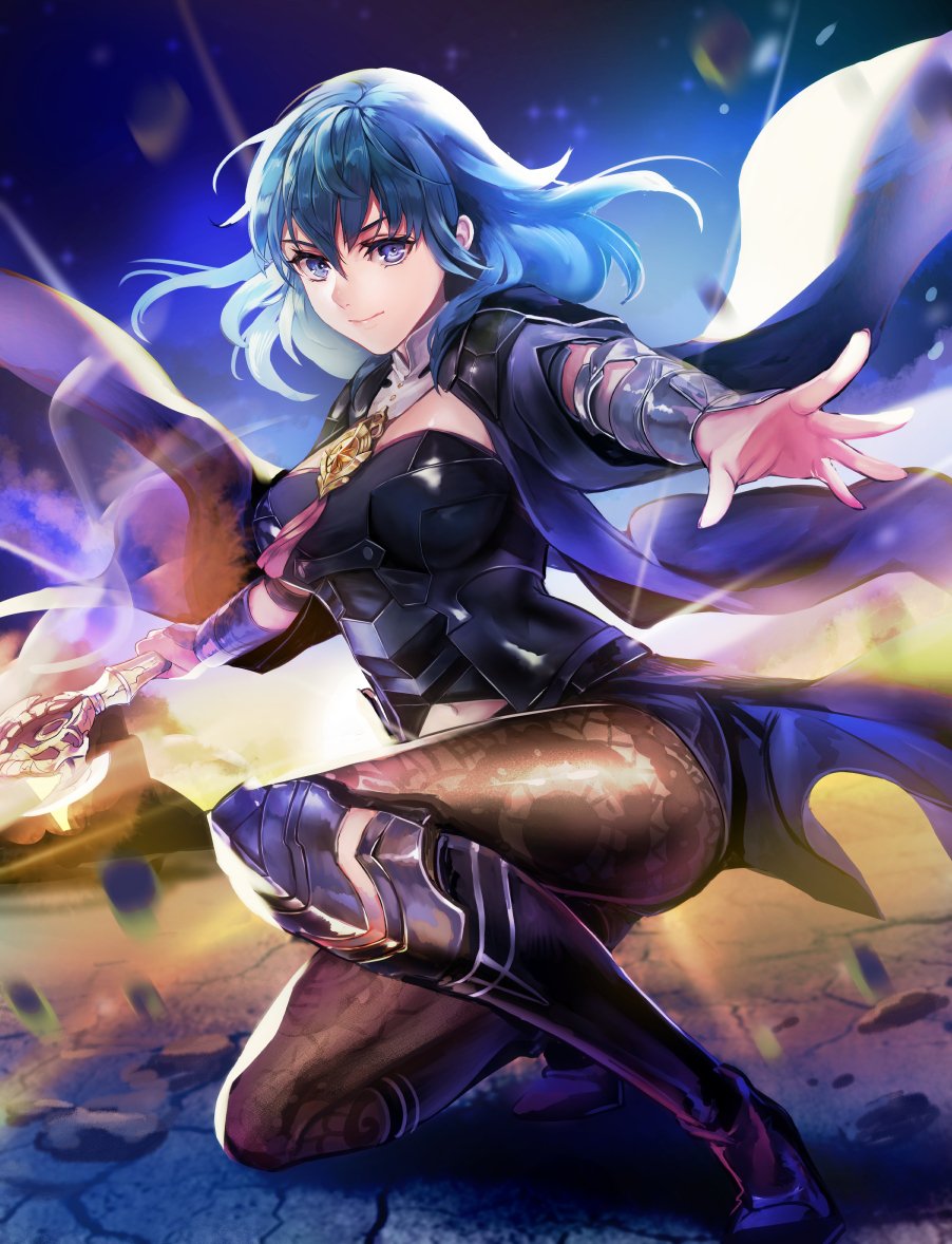 1girl armor blue_eyes blue_hair breasts byleth_(fire_emblem) byleth_eisner_(female) closed_mouth fire_emblem fire_emblem:_three_houses full_body holding holding_sword holding_weapon kokouno_oyazi large_breasts navel navel_cutout one_knee pantyhose solo sword weapon