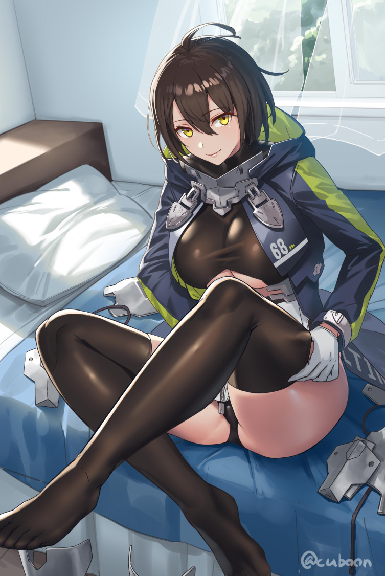1girl adjusting_clothes adjusting_legwear ahoge artist_name azur_lane baltimore_(azur_lane) bangs bed black_legwear black_leotard blue_coat breasts center_opening closed_mouth coat commentary_request cuboon curtains eyebrows_visible_through_hair gloves hair_between_eyes hooded_coat indoors large_breasts leotard light_smile lips locker locker_room looking_at_viewer midriff_cutout multicolored_coat open_clothes open_coat pillow purple_coat shiny shiny_clothes shiny_hair shiny_skin signature sitting smile solo thigh-highs thighs underboob_cutout white_gloves yellow_eyes zipper_pull_tab