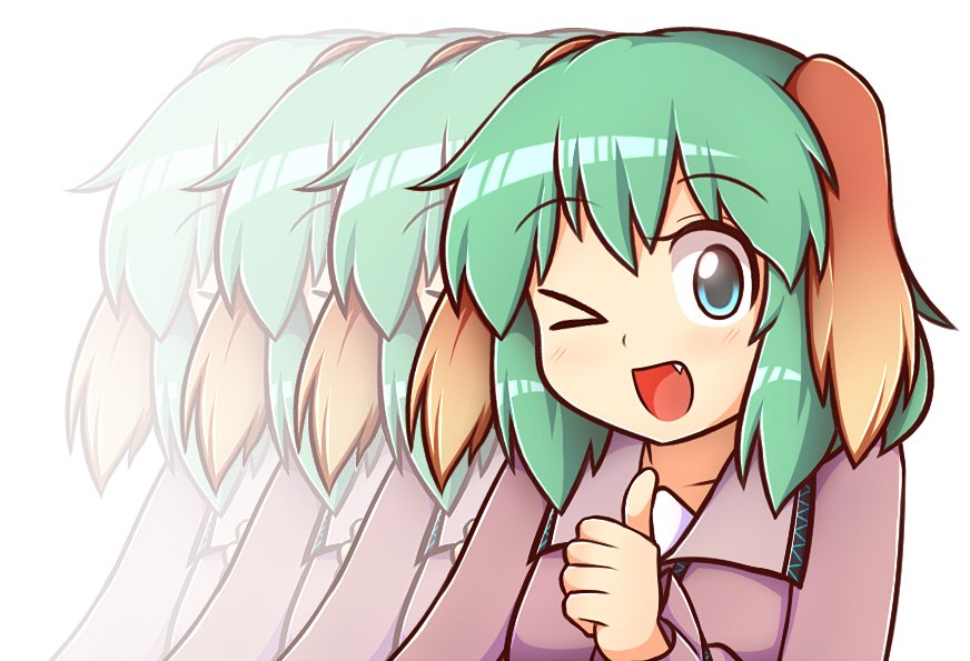 &gt;_o 1girl :d ;d afterimage animal_ears blue_eyes blush commentary dog_ears english_commentary fang green_hair kasodani_kyouko long_sleeves looking_at_viewer motion_lines one_eye_closed open_mouth short_hair simple_background smile solo sparkle sparkling_eyes thumbs_up touhou upper_body white_background wool_(miwol)