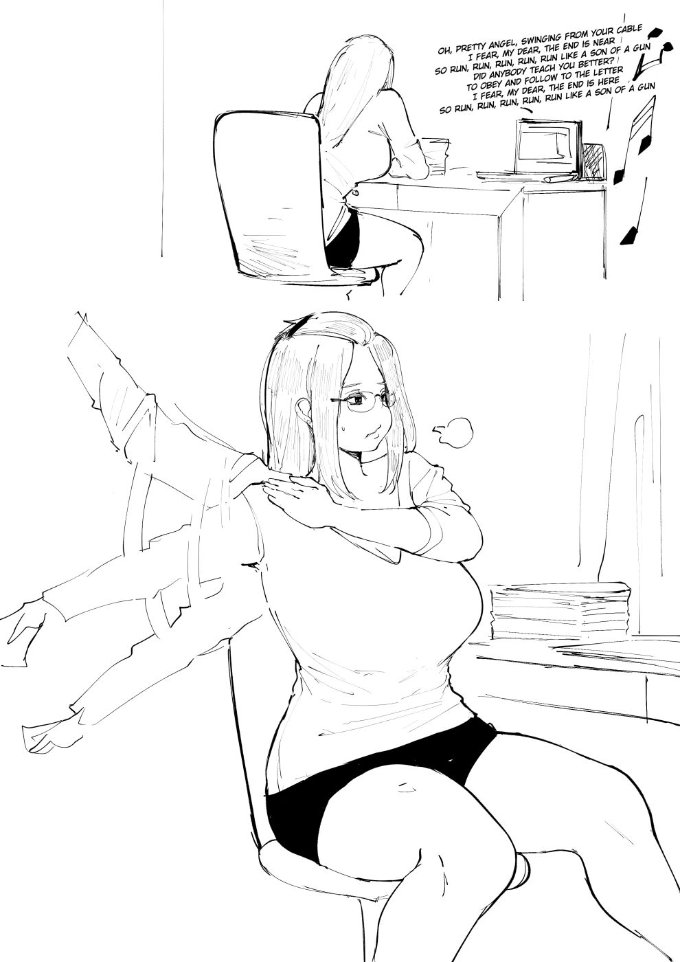 1girl bangs_pinned_back black_shorts breasts chair computer desk english_commentary folded_hair glasses greyscale hair_pulled_back highres inne_sulistya_robin laptop large_breasts long_hair monochrome norman_maggot office_chair original paper_stack short_shorts shorts sitting sketching sweater thighs