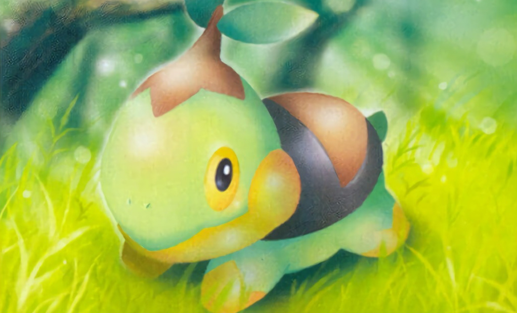 commentary creature english_commentary full_body gen_4_pokemon grass looking_at_viewer multiple_sources nishida_atsuko no_humans official_art pokemon pokemon_(creature) pokemon_trading_card_game solo third-party_source turtwig yellow_eyes