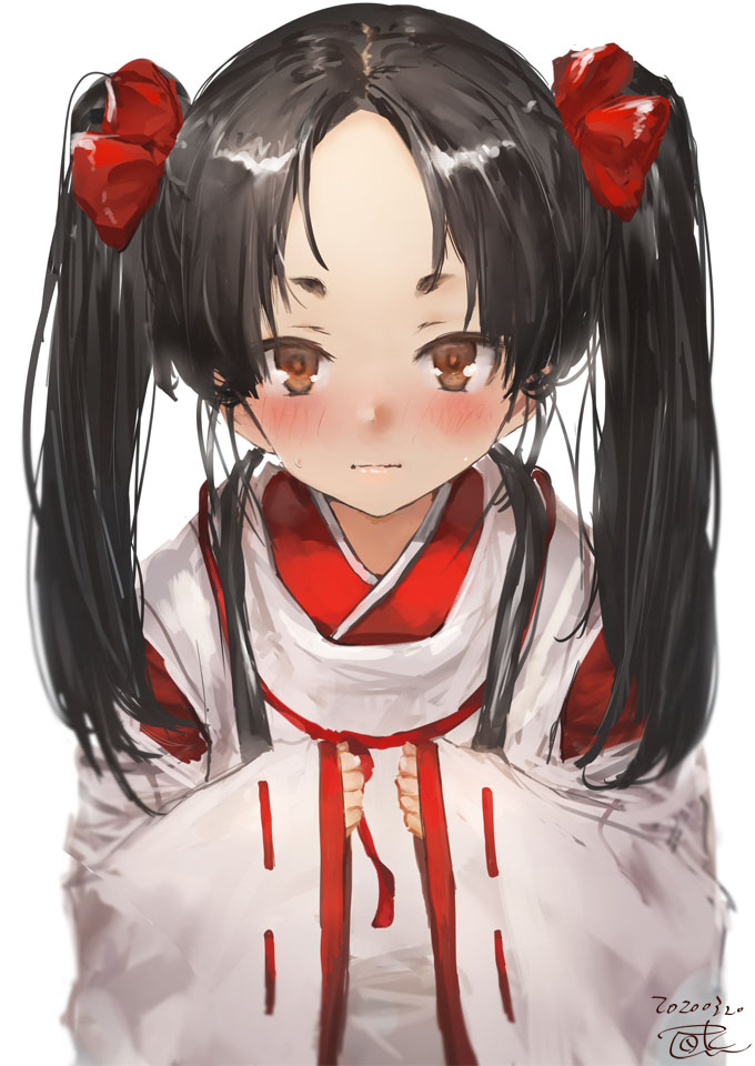 1girl alternate_hairstyle black_hair brown_eyes japanese_clothes kantai_collection kariginu long_hair looking_at_viewer miko nisshin_(kantai_collection) ribbon-trimmed_sleeves ribbon_trim short_eyebrows solo thick_eyebrows toka_(marchlizard) twintails upper_body