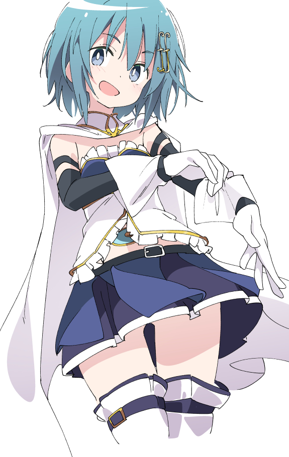 1girl blue_eyes blue_hair blue_skirt blush cape gloves ixy looking_at_viewer magical_girl mahou_shoujo_madoka_magica miki_sayaka musical_note_hair_ornament open_mouth short_hair skirt smile solo thigh-highs white_cape white_gloves white_legwear zettai_ryouiki