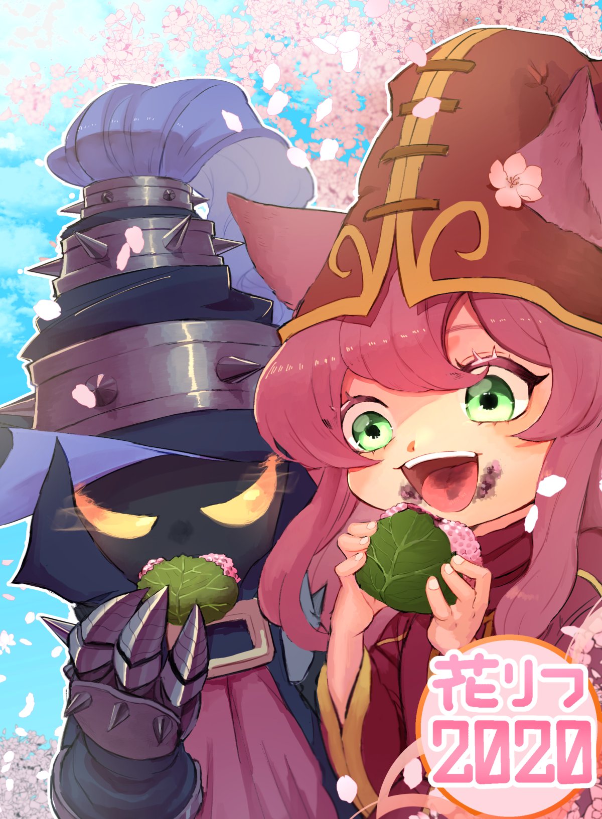 animal_ears blue_sky blush cherry_blossoms clouds dated eating fingernails flower gauntlets glowing glowing_eyes green_eyes hat highres holding large_hat leaf league_of_legends long_hair lulu_(league_of_legends) nnntarpe open_mouth outdoors petals pink_flower sky smile spikes teeth tongue turtleneck upper_body upper_teeth veigar yellow_eyes