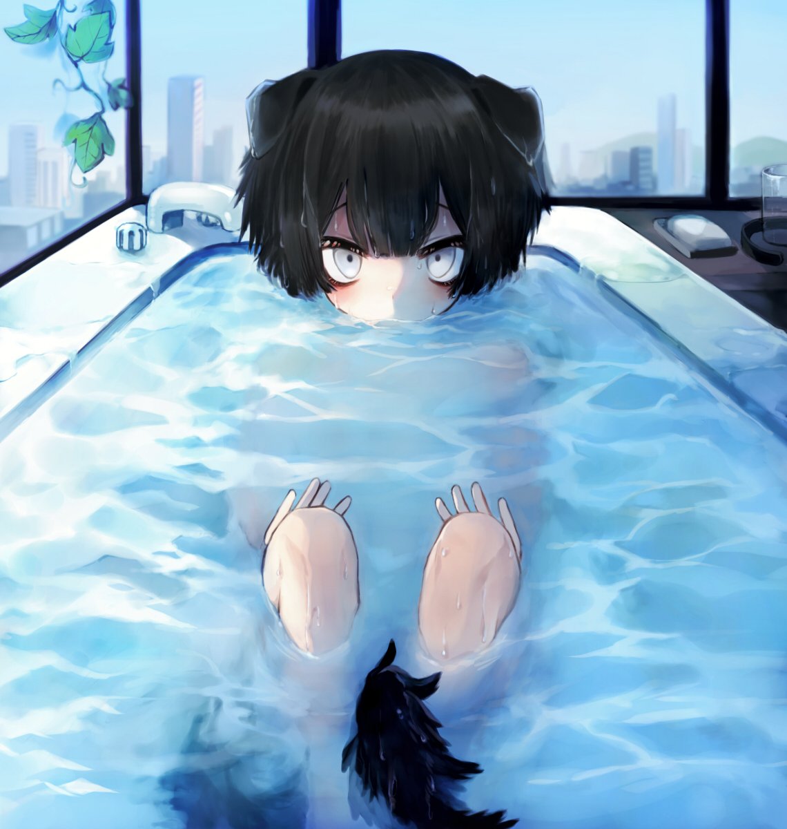 1boy animal_ears bangs bath bathing bathroom bathtub between_legs blue_eyes blush dog_boy dog_ears dog_tail full_body highres looking_at_viewer male_focus nude original partially_submerged petit_(shinoyasumicco) shinoyasumicco solo tail tail_between_legs wet