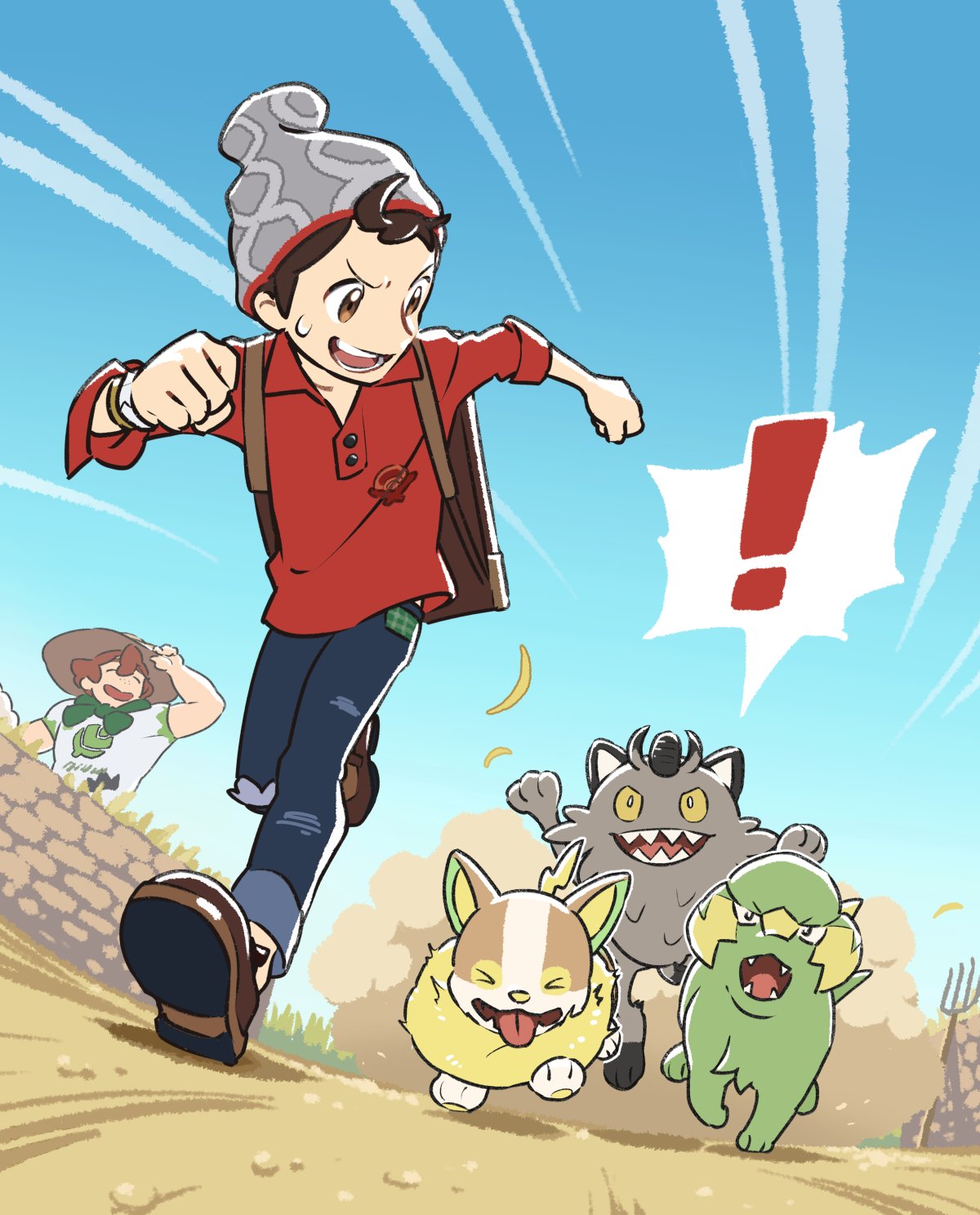 ! &gt;_&lt; 2boys beanie brown_eyes brown_hair electrike freckles galarian_form galarian_meowth gen_3_pokemon gen_8_pokemon gym_leader hat highres long_sleeves male_focus masaru_(pokemon) multiple_boys open_mouth pink_hair pokemon pokemon_(creature) pokemon_(game) pokemon_swsh red_shirt running sankaku shirt smile spoken_exclamation_mark sun_hat yamper yarrow_(pokemon)