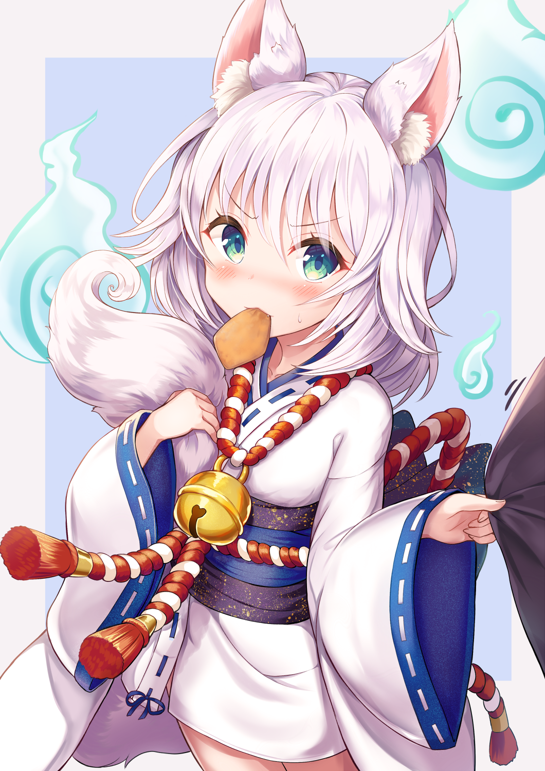 1girl animal_ears bangs bell black_shirt blue_background blush commentary_request cowboy_shot eyebrows_visible_through_hair food_in_mouth fox_ears fox_girl fox_tail green_eyes grey_background hair_between_eyes highres japanese_clothes jingle_bell kimono long_hair long_sleeves looking_at_viewer mouth_hold nose_blush obi original ribbon-trimmed_kimono ribbon-trimmed_sleeves ribbon_trim sakura_ani sash shirt shirt_tug short_kimono silver_hair sleeves_past_wrists solo sweat tail tail_hug two-tone_background v-shaped_eyebrows white_kimono wide_sleeves