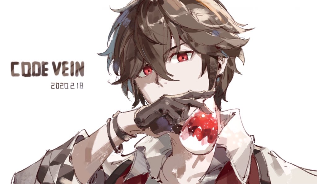 1boy black_gloves black_hair bracelet checkered code_vein dated gloves hair_between_eyes half_gloves holding jewelry loladestiny louis_(code_vein) male_focus red_eyes simple_background sleeves_rolled_up solo white_background