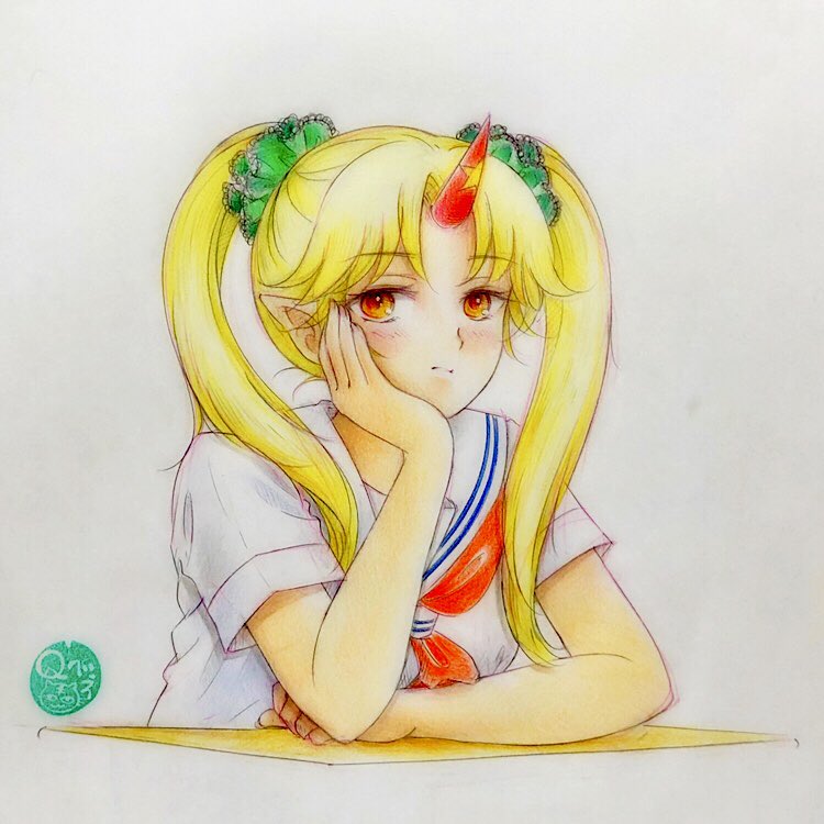 1girl artist_logo bangs blonde_hair chin_rest closed_mouth colored_pencil_(medium) commentary contemporary elbow_rest eyebrows_visible_through_hair frown green_scrunchie hair_ornament hair_scrunchie horn hoshiguma_yuugi looking_at_viewer medium_hair neckerchief oni parted_bangs pointy_ears q-bee_(aaru) red_eyes red_neckwear school_uniform scrunchie serafuku shirt short_sleeves sitting solo texture touhou traditional_media twintails white_shirt