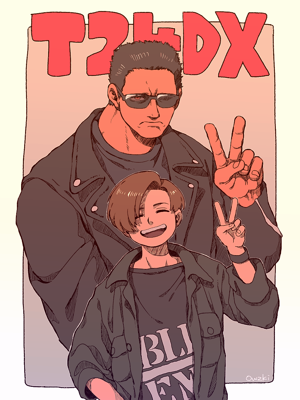 2boys brown_hair closed_eyes commentary eyes_visible_through_eyewear highres jacket john_connor leather leather_jacket looking_at_viewer male_focus multiple_boys open_mouth outsuki red_eyes smile sunglasses t-800 terminator_2:_judgment_day v