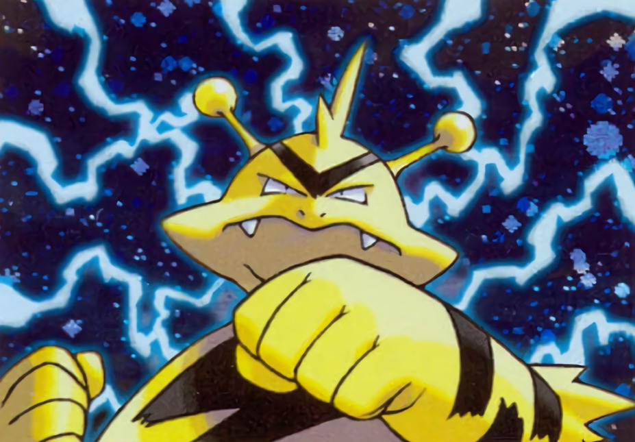 clenched_hands closed_mouth commentary creature electabuzz electricity english_commentary face fangs gen_1_pokemon horns multiple_sources no_humans official_art pokemon pokemon_(creature) pokemon_trading_card_game solo sugimori_ken third-party_source