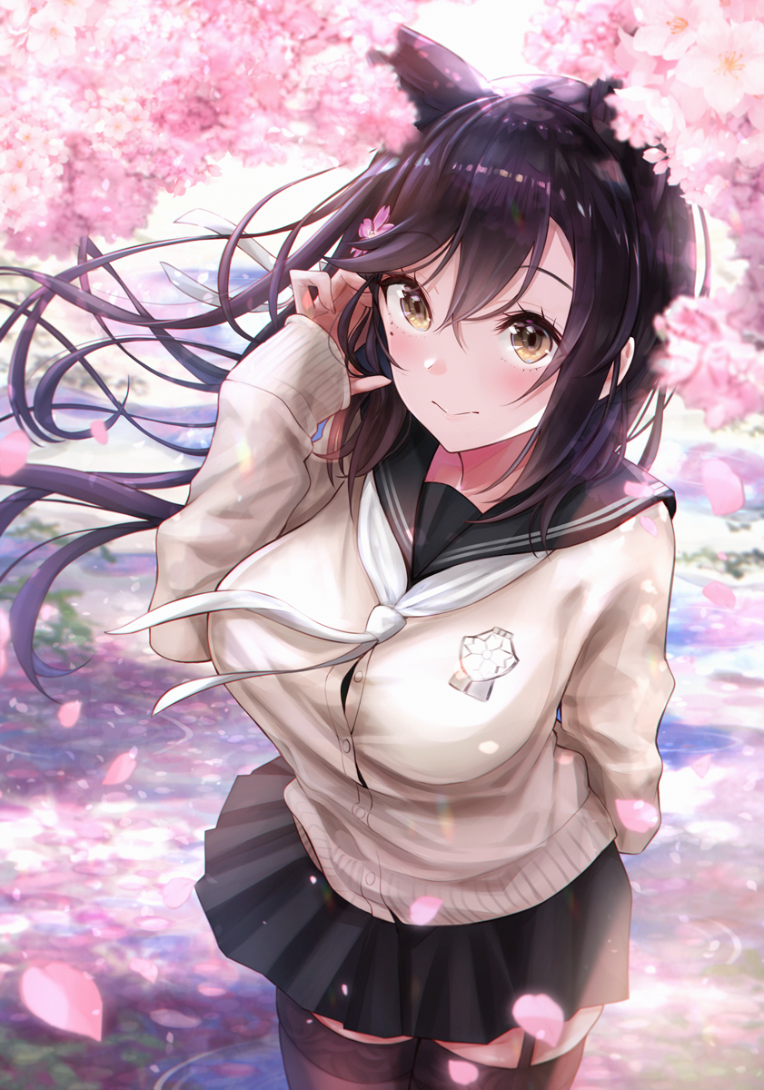 1girl atago_(azur_lane) azur_lane bangs black_hair black_legwear black_skirt blush breasts brown_eyes cardigan cherry_blossoms eyebrows_visible_through_hair facing_viewer flower garter_straps hair_flower hair_ornament hanami highres large_breasts long_hair mappaninatta pleated_skirt sailor_collar school_uniform serafuku skirt solo thigh-highs wind