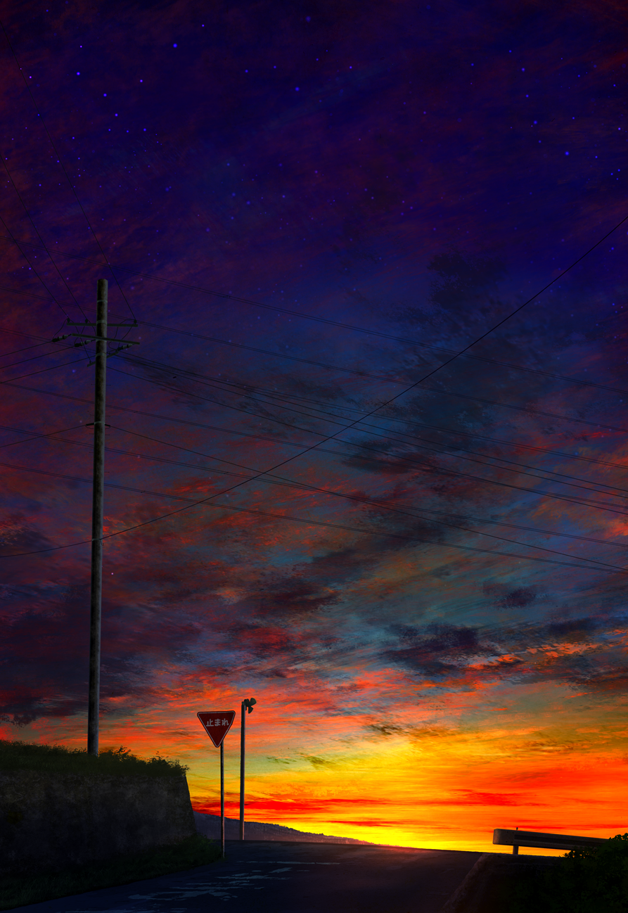 guard_rail highres lens_flare mks night night_sky no_humans original outdoors power_lines red_sky road_sign scenery sign sky star_(sky) starry_sky sunset telephone_pole