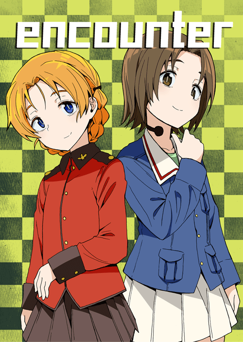 aokaze_(mimi_no_uchi) bangs black_ribbon black_skirt blue_eyes blue_jacket braid brown_eyes brown_hair checkered checkered_background closed_mouth commentary_request cover cover_page doujin_cover english_text epaulettes girls_und_panzer green_shirt hair_ribbon insignia jacket long_sleeves looking_at_viewer military military_uniform miniskirt ooarai_military_uniform orange_hair orange_pekoe_(girls_und_panzer) parted_bangs pleated_skirt red_jacket ribbon sawa_azusa shirt short_hair side-by-side skirt smile st._gloriana's_military_uniform standing throat_microphone tied_hair twin_braids uniform white_skirt yellow_background