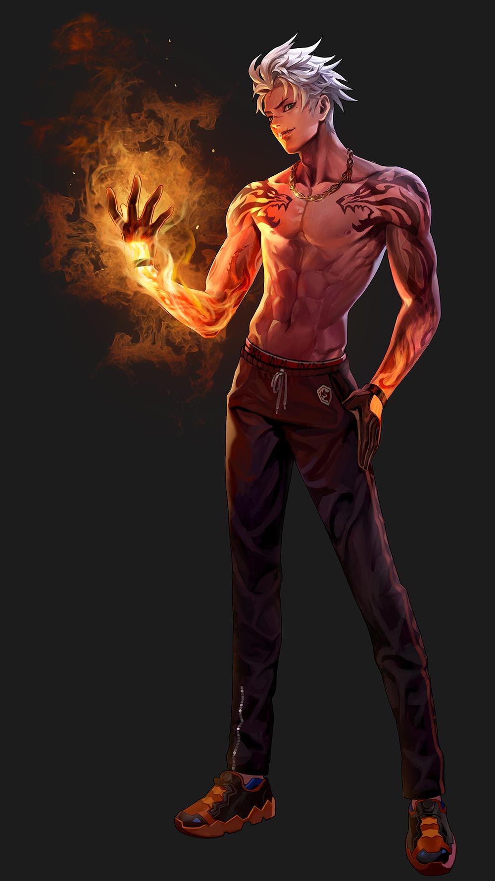 1boy abs arm_tattoo black_gloves closed_mouth facial_scar fire glint gloves glowing green_eyes grey_background herowarz highres jewelry kogseu male_focus muscle navel necklace nipples nose_scar orange_footwear scar shoes simple_background smile sneakers solo standing tattoo white_hair