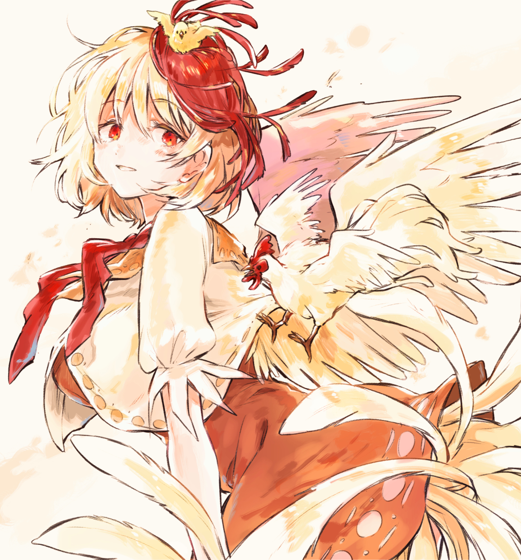 1girl animal_on_head bird bird_wings blonde_hair breasts chick chicken dress from_side hisona_(suaritesumi) large_breasts leaning_forward looking_at_viewer looking_to_the_side medium_hair multicolored_hair niwatari_kutaka on_head orange_dress red_eyes red_neckwear redhead rooster short_sleeves simple_background smile solo tail touhou two-tone_hair wings