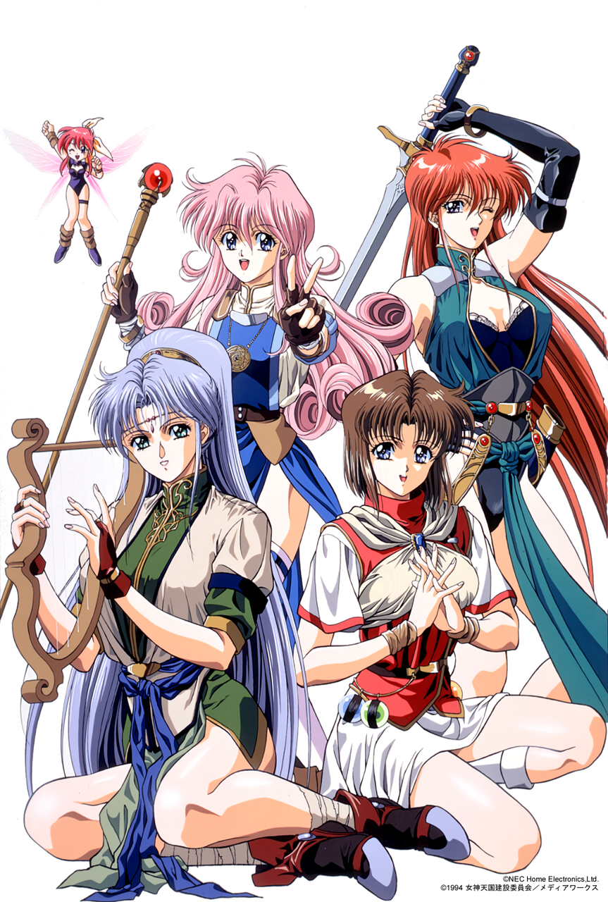 1990s_(style) 1994 arm_up black_gloves blue_eyes bracelet brown_gloves brown_hair copyright copyright_name dated elbow_gloves eyebrows_visible_through_hair fairy fingerless_gloves gloves green_eyes harp high_ponytail highres holding holding_staff holding_sword holding_weapon instrument jewelry juliana_(megami_paradise) lilith_(megami_paradise) long_hair megami_paradise official_art one_eye_closed open_mouth outstretched_arm pelvic_curtain pendant pink_hair redhead rurubell scabbard sheath short_hair short_sleeves silver_hair skirt staff stashia sword v very_long_hair weapon wristband yoshizane_akihiro