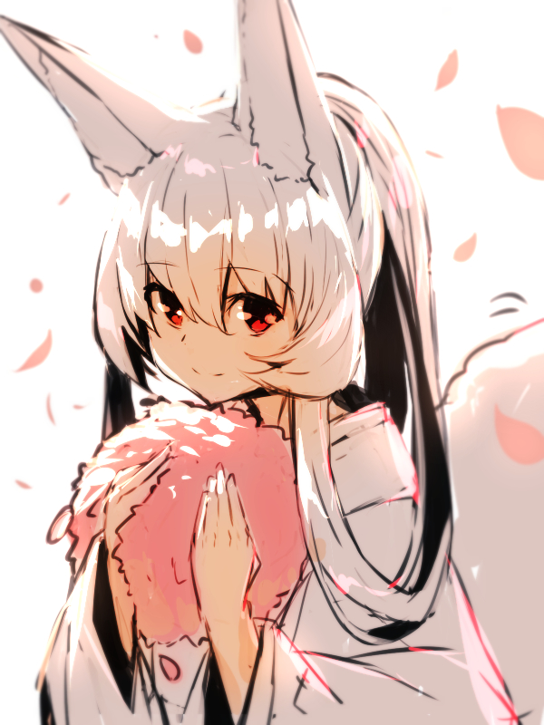 1girl animal_ear_fluff animal_ears bangs closed_mouth commentary_request eyebrows_visible_through_hair fox_ears fox_girl fox_tail hair_between_eyes hands_up holding japanese_clothes kimono long_hair long_sleeves looking_at_viewer original patches petals red_eyes simple_background smile solo tail upper_body very_long_hair white_background white_hair white_kimono wide_sleeves yuuji_(yukimimi)