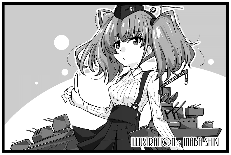 1girl anchor_hair_ornament artist_name atlanta_(kantai_collection) breasts commentary_request cowboy_shot dress_shirt earrings garrison_cap greyscale hair_ornament hat high-waist_skirt inaba_shiki index_finger_raised jewelry kantai_collection long_hair long_sleeves looking_at_viewer machinery medium_breasts monochrome shirt skirt solo star star_earrings suspender_skirt suspenders two_side_up